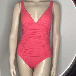 Dkny Pink One Piece Swimsuit with V-Neck and Matte Finish